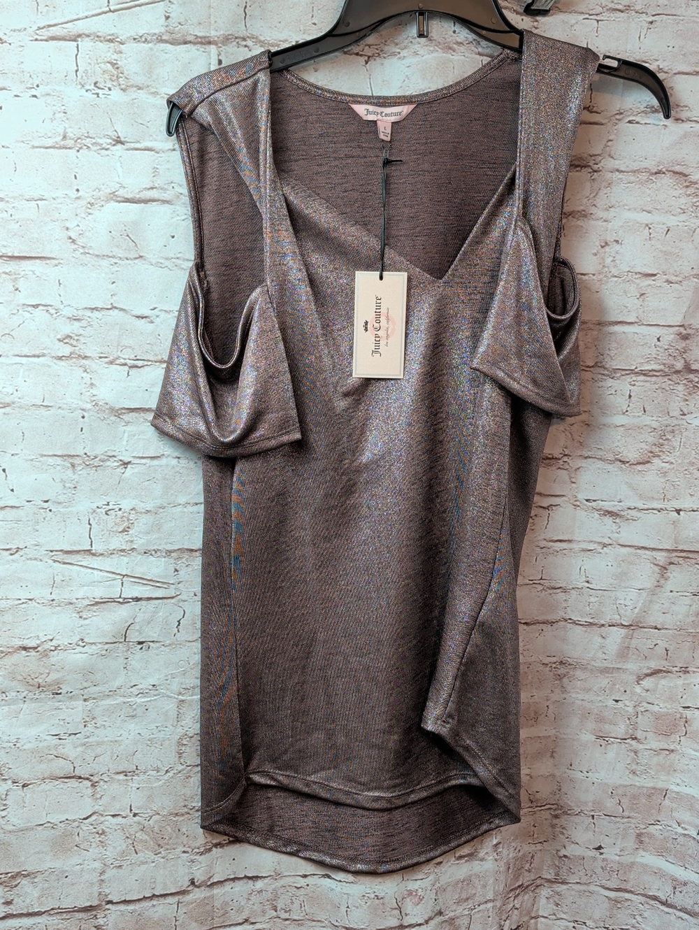 Juciy Couture Metallic Cold-Shoulder Top  Shimmering Taupe Large New Nwt